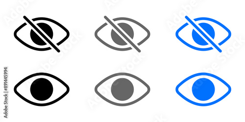 Hide icon eye. Hidden symbol. Invisible sign. Off button. Unseen pictogram. Crossed eye illustration.