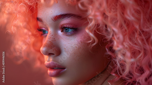 Pink curly hair African girl closeup portrait © Oksana