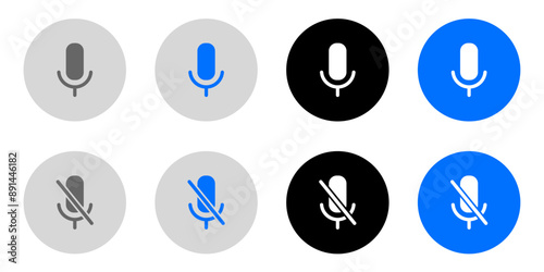 Mic icon set. Mute Microphone sign. Karaoke mic pictogram. Voice illustration. Vocal symbol. Grey, blue and black button.
