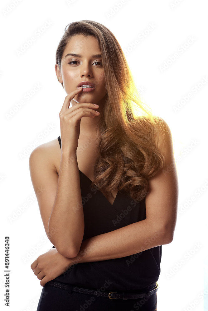 Fototapeta premium Woman, pride and portrait with hair care in studio for shampoo treatment, satisfaction or confidence. Serious, female person and face with salon shine for cosmetic, growth or glow on white background