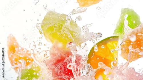 Dynamic Ice Sorbet with Many Details Floating in the Air Against a White Background, Showcasing a Refreshing and Vibrant Dessert in a Playful and Energetic Presentation photo