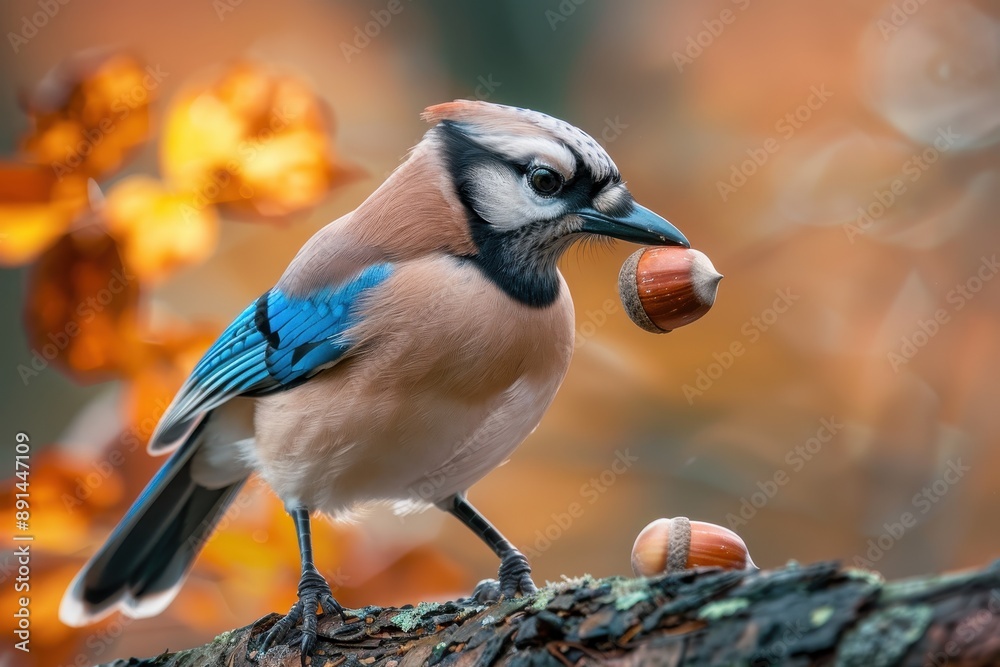A beautiful Eurasian jay holding an acorn in its beak, with an autumn forest backdrop. A beautiful Eurasian jay holding an acorn in its beak, with an autumn forest backdrop.