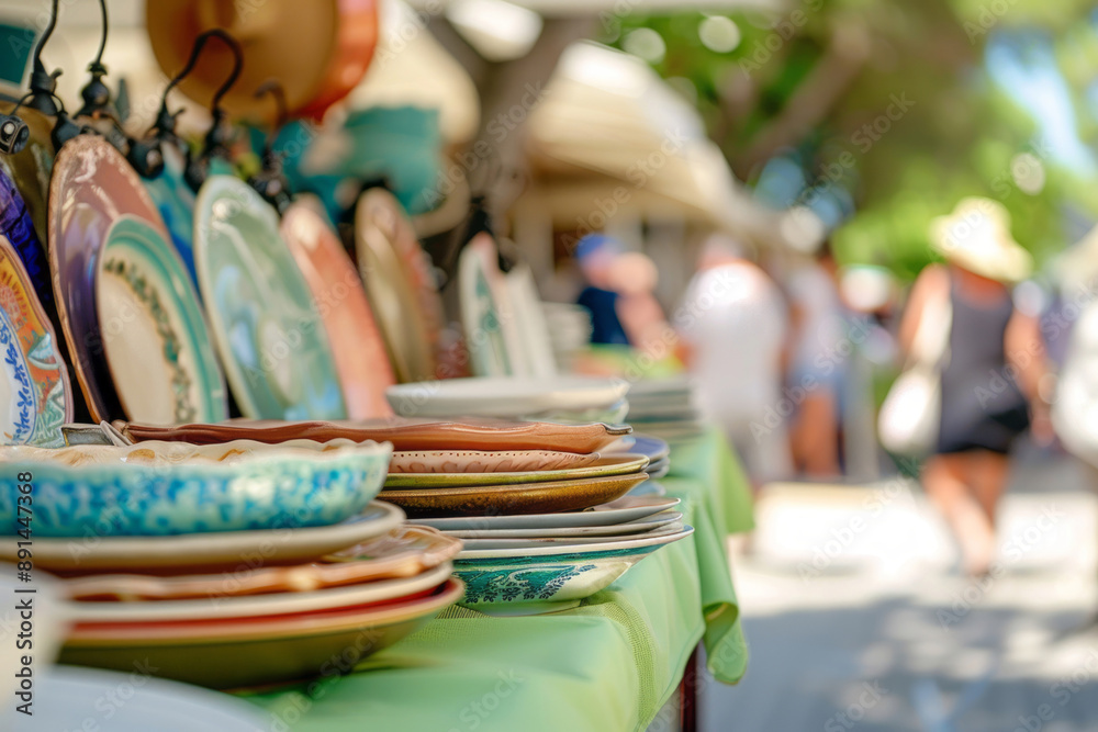 A table at an outdoor garage sale in the summer displays plates, bowls, and other kitchenware. A table at an outdoor garage sale in the summer displays plates, bowls, and other kitchenware.