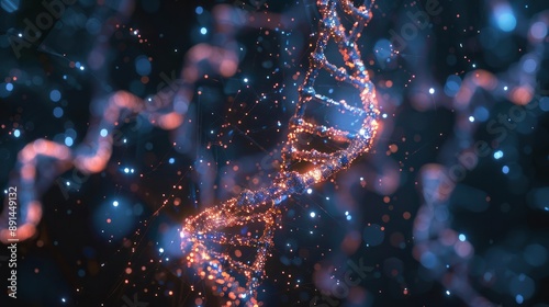 Digital DNA Helix Symbolizing Modern Biotechnology Advancements. A DNA strand illuminated by digital nodes, signifying the intersection of biology and cutting-edge technology photo