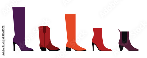 Female shoes set. Fashion and casual pair of boots: chelsea, cowboy, ankle, knee-high, high-heel. Different types of autumn footwear. Minimalist flat vector illustration