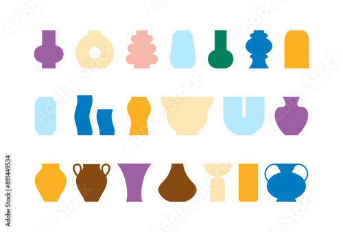 Modern vases set. Different shapes of vases - jug, flask, pottery, ceramics, glass, arch, curly, wide, trendy, modern, vintage. Minimalist illustration, simplicity shapes, flat vector, isolation