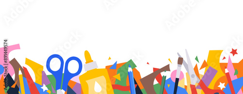 Horizontal white banner with paper craft clutter. DIY concept backdrop decorated art supplies - pieces colored paper, scissors, glue, pencils and brush. Minimalist flat vector illustration
