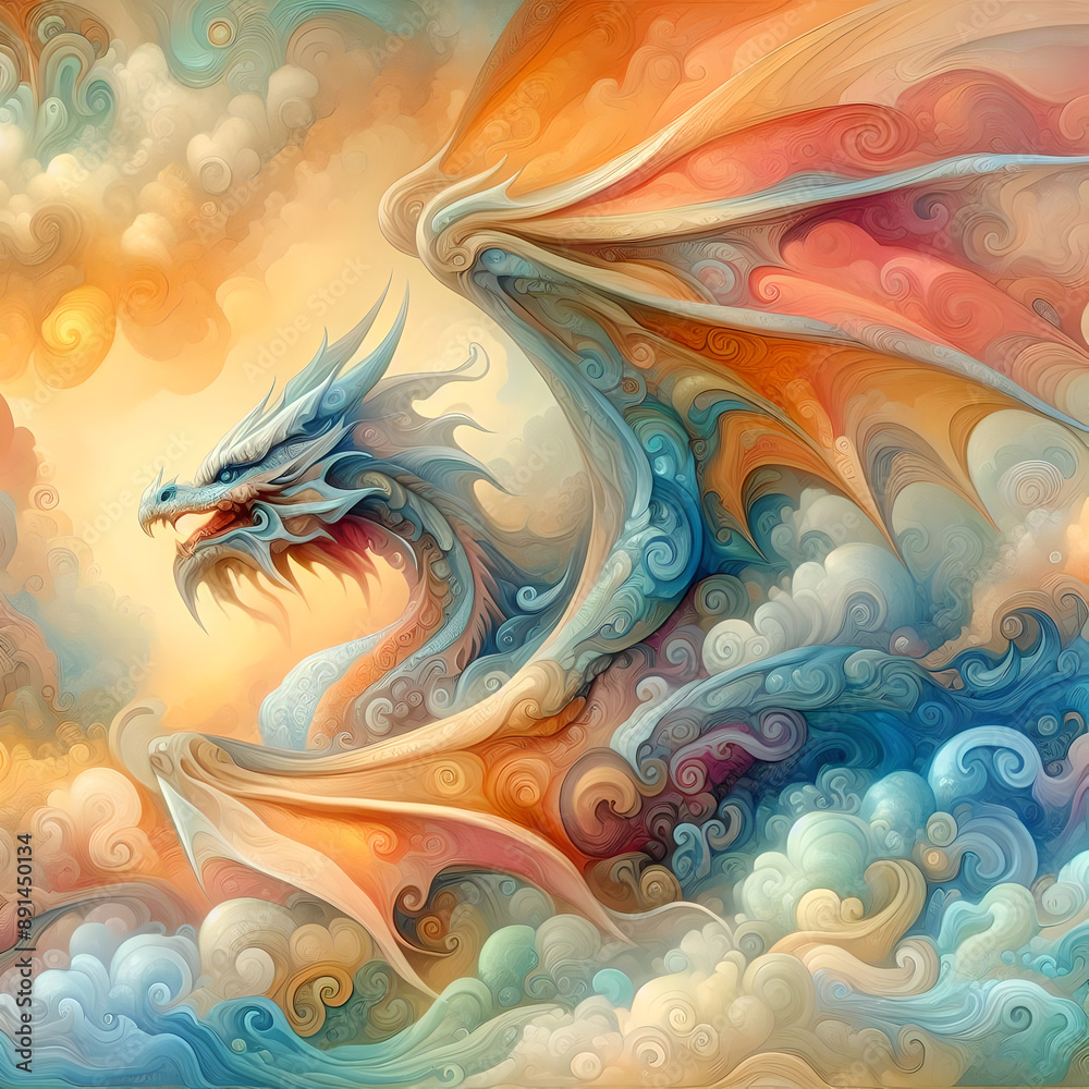 Majestic Dragon Soaring Amidst Vibrant Swirling Clouds at Sunrise in a Mystical Fantasy World