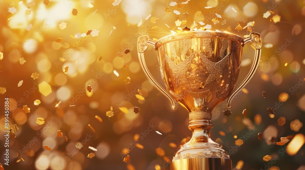 Golden championship cup trophy with magical defocused background and celebration confetti decoration