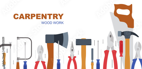 Building. Horizontal banner, backdrop with building or repair tools. Hammer, screws, axe, nails, screws, pliers, saw, plane etc. Woodwork and construction concept. Simple and quiet vector illustration