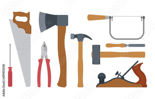Carpentry. Flat lay composition. Building or repair tools - hammer, axe, screwdrivers, pliers, saw, plane etc. Woodwork and construction concept. Simple and quiet vector illustration
