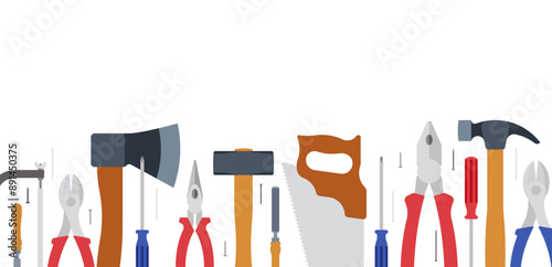 Carpentry. Horizontal banner, backdrop with building or repair tools. Hammer, screws, axe, nails, screws, pliers, saw etc. Woodwork and construction concept. Simple and quiet vector illustration