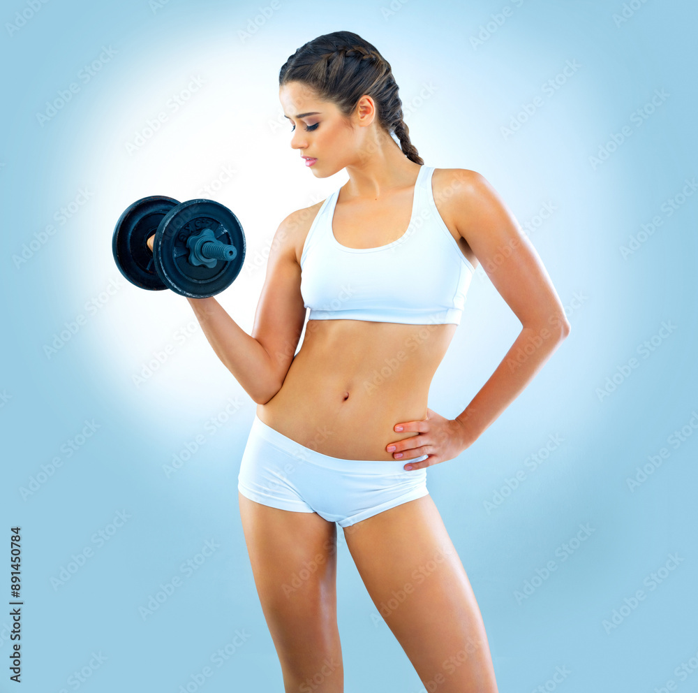 Woman, weights and studio with workout in underwear, fitness and strength on blue background. Dumbbell, arms and bicep curl for female person, health and confidence for muscle and power training Woman, weights and studio with workout in underwear, fitness and strength on blue background. Dumbbell, arms and bicep curl for female person, health and confidence for muscle and power training