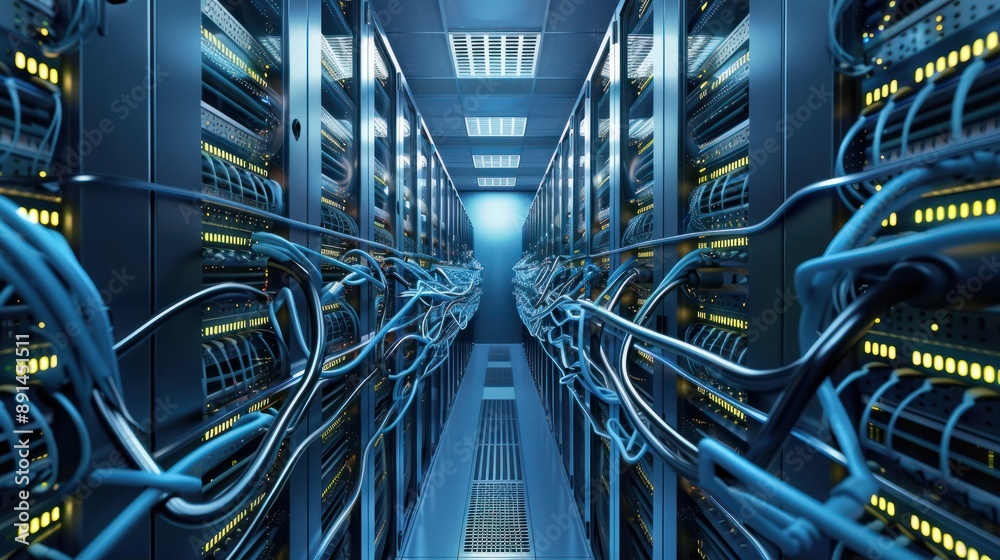 Internet LAN cable In a modern server room For storing and transmitting information through a secure internet technology network. Internet LAN cable In a modern server room For storing and transmitting information through a secure internet technology network.