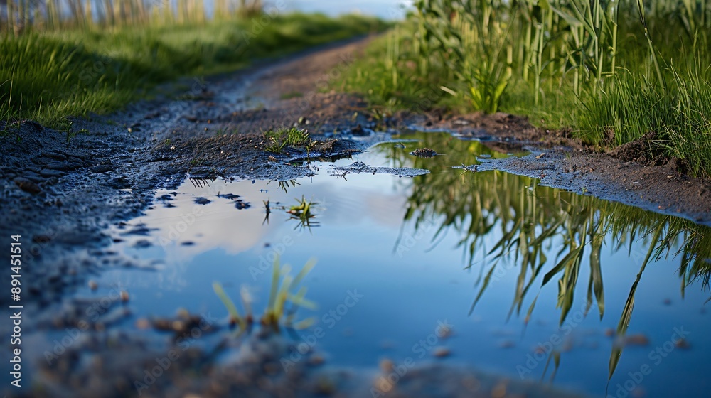 A reflection of a cornfield in a puddle, captured in a minimalist composition A reflection of a cornfield in a puddle, captured in a minimalist composition