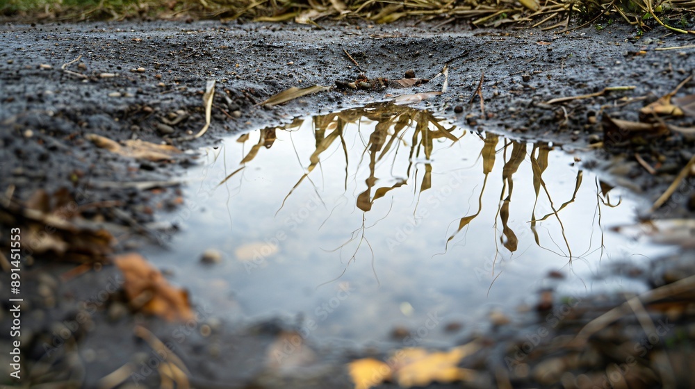 Obraz premium A reflection of a cornfield in a puddle, captured in a minimalist composition