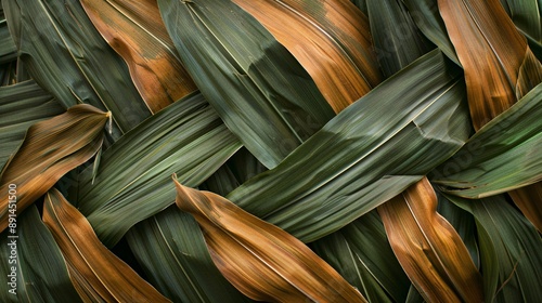 A pattern created by overlapping corn leaves, emphasizing their shapes and textures