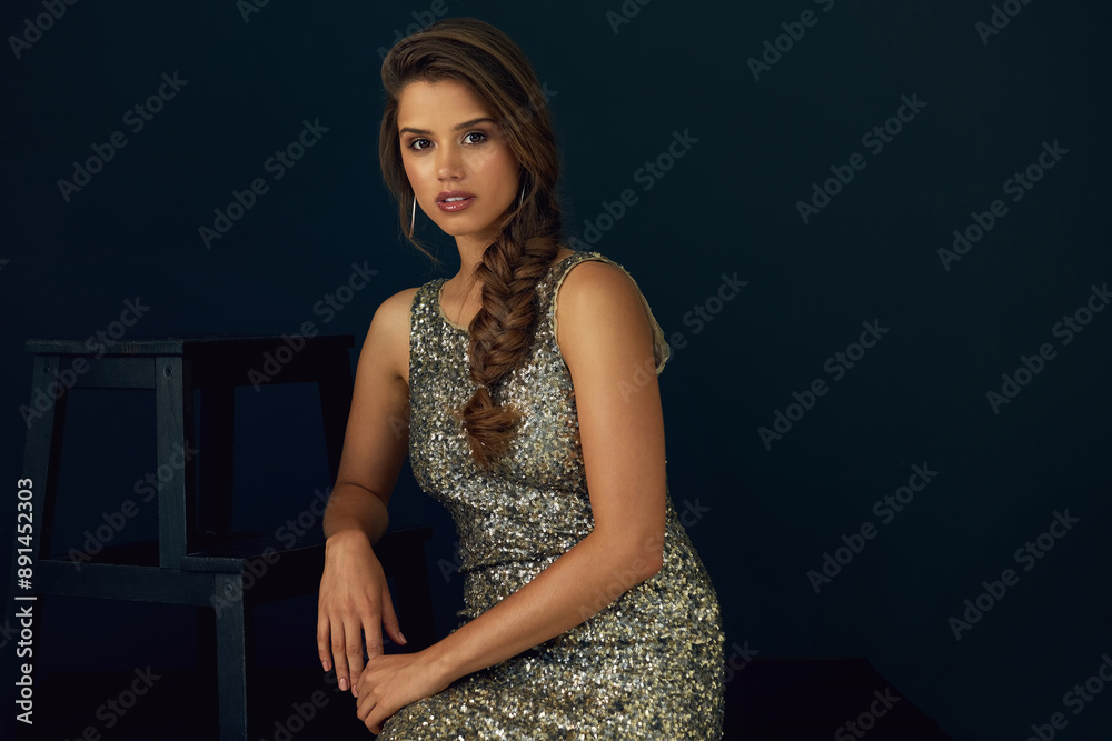 Fototapeta premium Sequin, fashion and portrait of woman with confidence in designer clothes, elegant style or pride. Model, person and glitter gown with makeup, beauty or glamour with mockup space on studio background