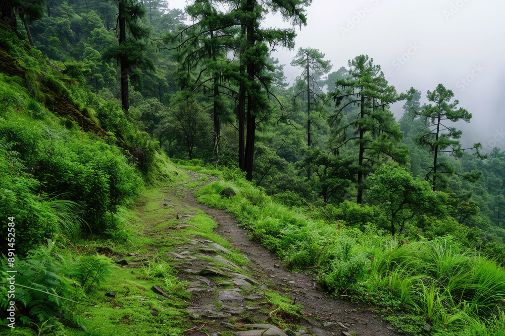 Hiking through lush green forest on winding trail Hiking through lush green forest on winding trail
