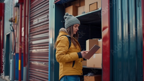 Wallpaper Mural Outside of Logistics Retailer Warehouse With Female Manager Using Tablet Computer, Worker Loading Delivery Truck with Cardboard Boxes. Online Orders, Purchases, E-Commerce Goods, Merchandise Torontodigital.ca