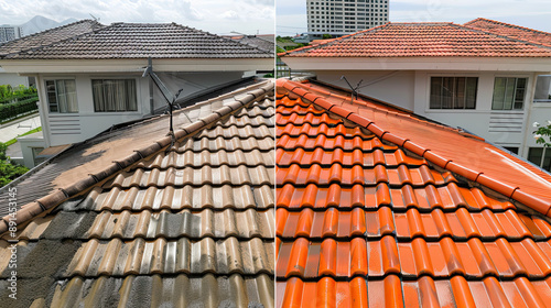 Comparison of Rooftop Before and After Cleaning, Roof Cleaning Results, Pre and Post Roof Maintenance, Clean Roof vs Dirty Roof, Roof Restoration, Property Maintenance, Cleanliness Improvement photo