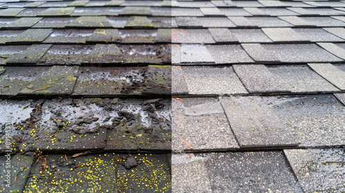 Comparison of Rooftop Before and After Cleaning, Roof Cleaning Results, Pre and Post Roof Maintenance, Clean Roof vs Dirty Roof, Roof Restoration, Property Maintenance, Cleanliness Improvement photo