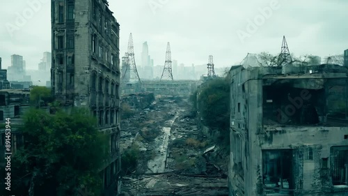 Post-apocalyptic city with destroyed buildings and smoke. concept : science fiction movies and video games photo