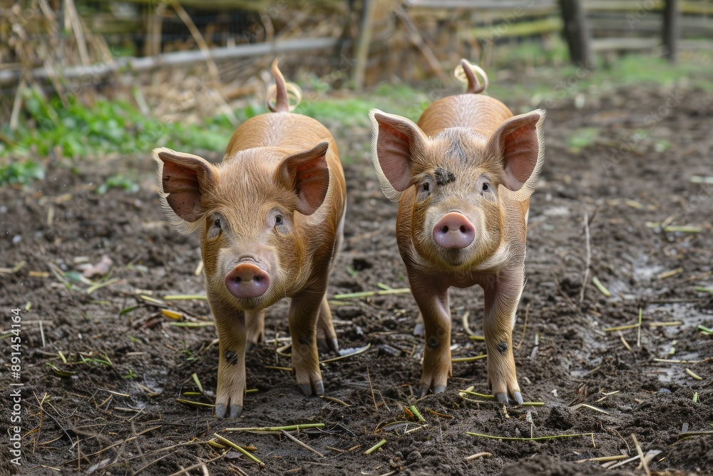 Two pigs standing in a dirt field. One is looking at the camera. The other is looking away Two pigs standing in a dirt field. One is looking at the camera. The other is looking away