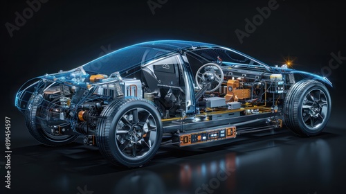 Electric car technical cutaway with all main details of EV system in ghost effect