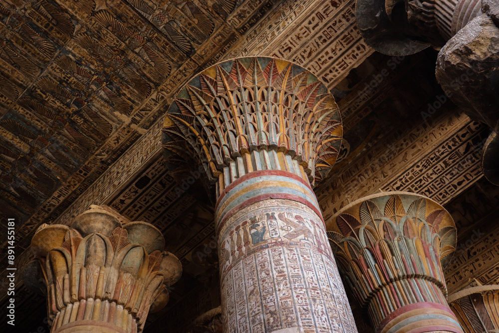 Ancient egyptian carvings on the columns of Khnum temple in Esna, Luxor ...