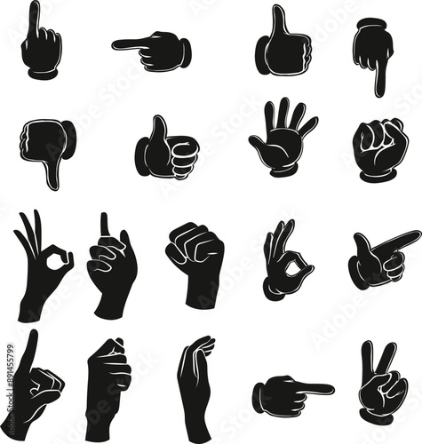 Cartoon white human hands in gloves gesture set. Hands show signs. Different hand positions. Isolated on white background. Vector icon set. Open hand close hand.