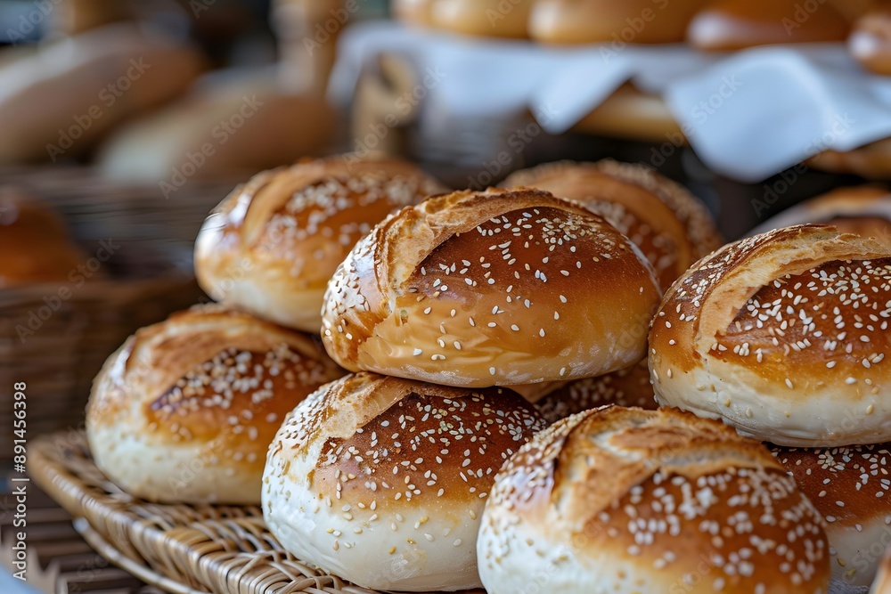 Freshly Baked Sesame Rolls Piled High in a Rustic Basket Freshly Baked Sesame Rolls Piled High in a Rustic Basket