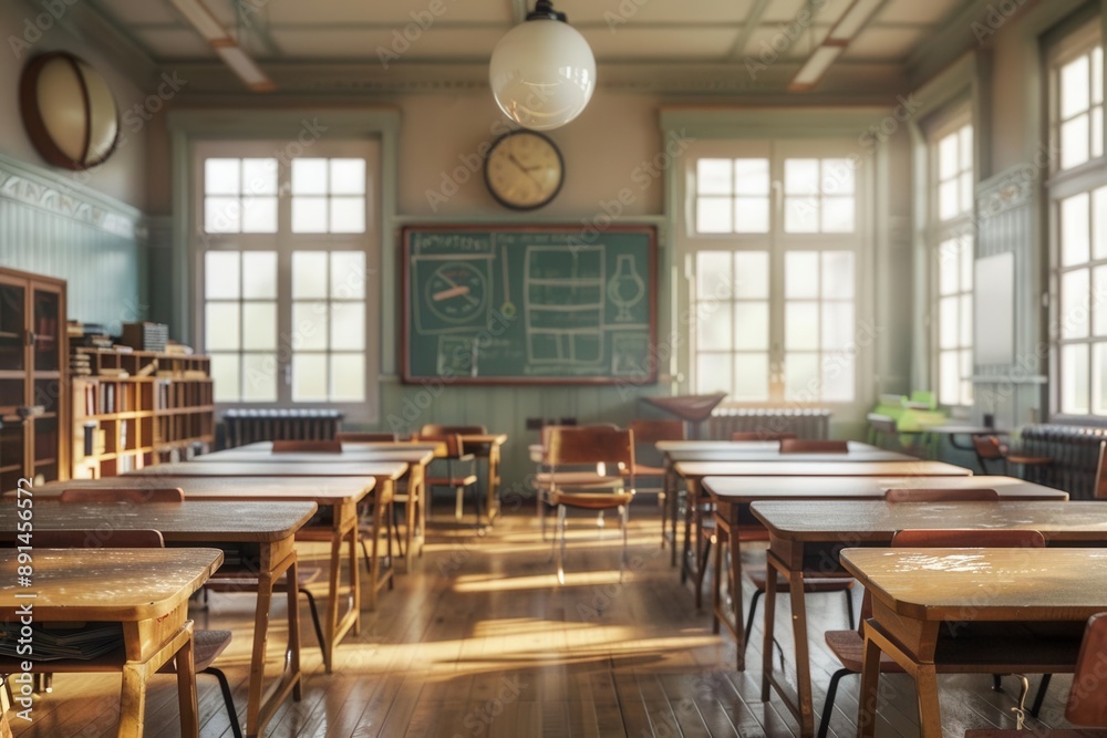 Obraz premium High school classroom interior, empty with vintage wooden furniture, soft natural lighting, backtoschool atmosphere, detailed and clear