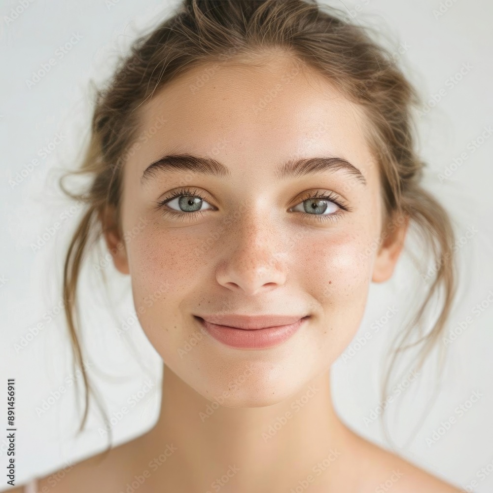 High-resolution photograph of a young woman with clear skin smiling naturally, isolated on white background High-resolution photograph of a young woman with clear skin smiling naturally, isolated on white background