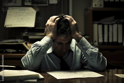 Fatigued office worker with head in hands, resignation letter in view, signs of burnout, corporate office setting photo