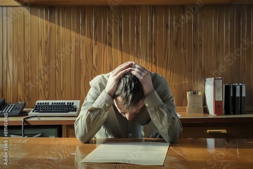 Fatigued office worker with head in hands, resignation letter in view, signs of burnout, corporate office setting