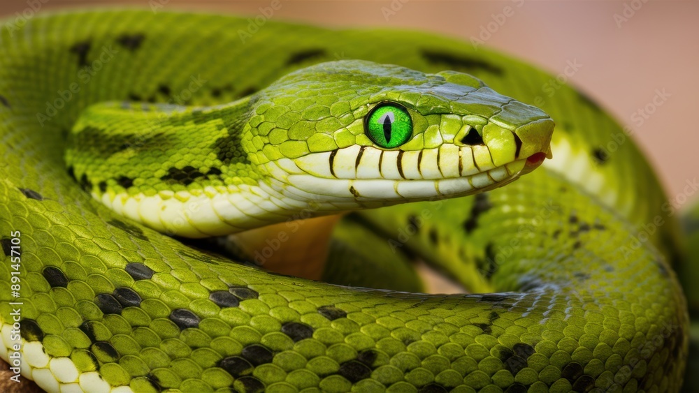 A green snake with bright eyes and a close up of its face, AI A green snake with bright eyes and a close up of its face, AI