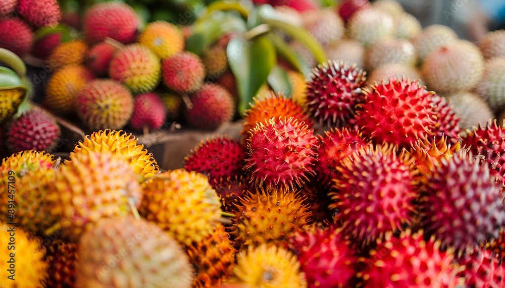Asian exotic fruits. Market stall with variety of organic fruits. Colorful fruits in the marketplace. Bright summer background. Healthy, organic food. Natural nutrition for diet. Fresh rambutan fruit Asian exotic fruits. Market stall with variety of organic fruits. Colorful fruits in the marketplace. Bright summer background. Healthy, organic food. Natural nutrition for diet. Fresh rambutan fruit