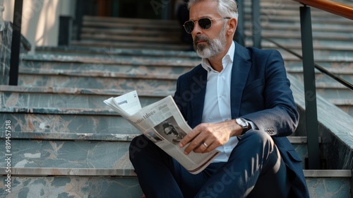 Man Reading Newspaper on Stairs