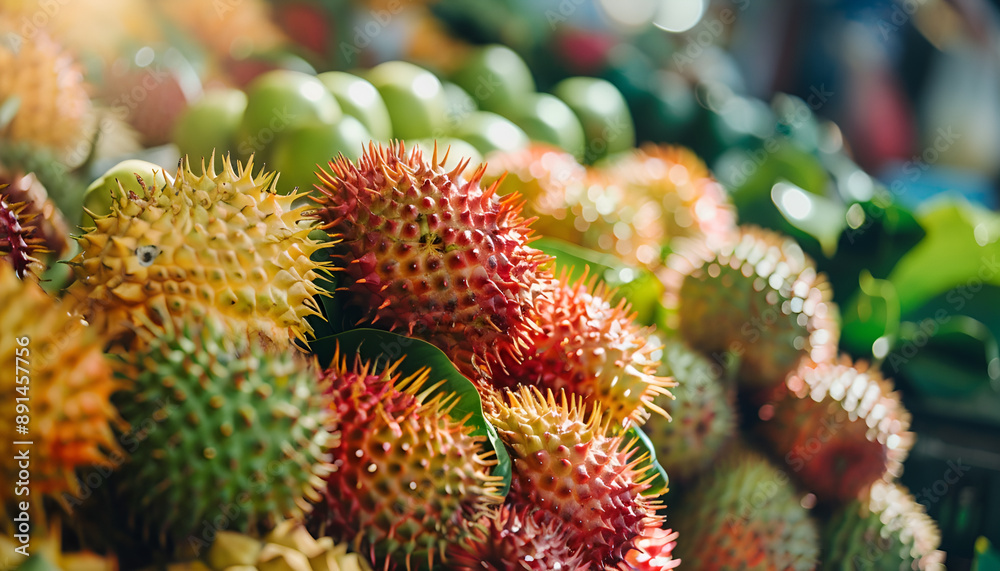 Asian exotic fruits. Market stall with variety of organic fruits. Colorful fruits in the marketplace. Bright summer background. Healthy, organic food. Natural nutrition for diet. Fresh rambutan fruit Asian exotic fruits. Market stall with variety of organic fruits. Colorful fruits in the marketplace. Bright summer background. Healthy, organic food. Natural nutrition for diet. Fresh rambutan fruit