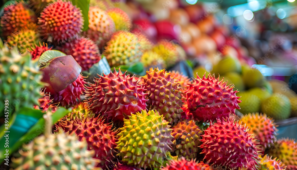 Asian exotic fruits. Market stall with variety of organic fruits. Colorful fruits in the marketplace. Bright summer background. Healthy, organic food. Natural nutrition for diet. Fresh rambutan fruit Asian exotic fruits. Market stall with variety of organic fruits. Colorful fruits in the marketplace. Bright summer background. Healthy, organic food. Natural nutrition for diet. Fresh rambutan fruit