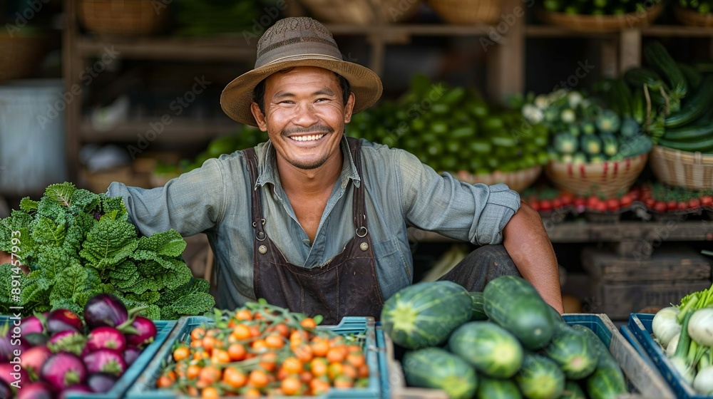 Picture of a smiling farmer in Southeast Asia tending to vibrant vegetable gardens under the morning sun showing the joy of sustainable farming practices realistic photo, high resolution , Minimalism, Picture of a smiling farmer in Southeast Asia tending to vibrant vegetable gardens under the morning sun showing the joy of sustainable farming practices realistic photo, high resolution , Minimalism,