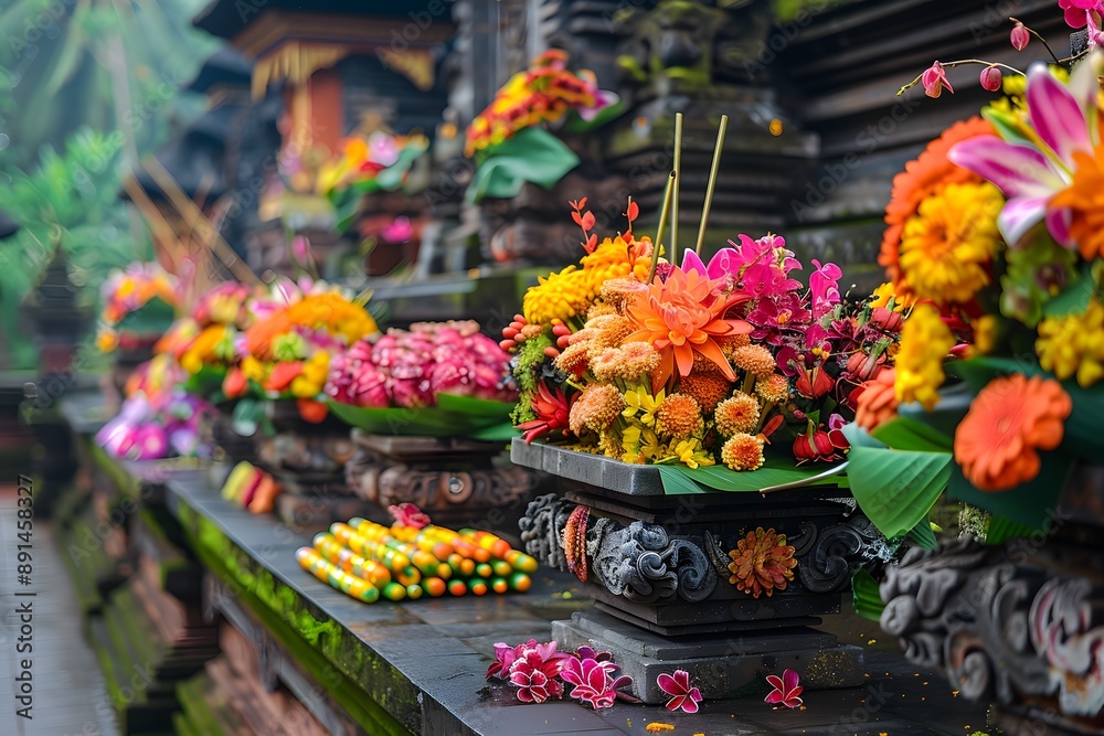 Vibrant Offerings at a Balinese Temple Surrounded by Colorful Flowers Vibrant Offerings at a Balinese Temple Surrounded by Colorful Flowers