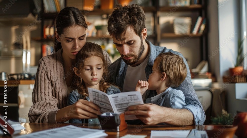 A family in financial distress at an auction, holding an empty wallet and foreclosure documents A family in financial distress at an auction, holding an empty wallet and foreclosure documents