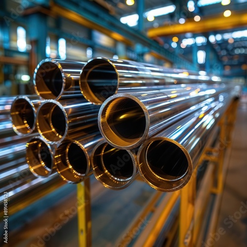 The stack of polished steel pipes in a factory, generative AI.