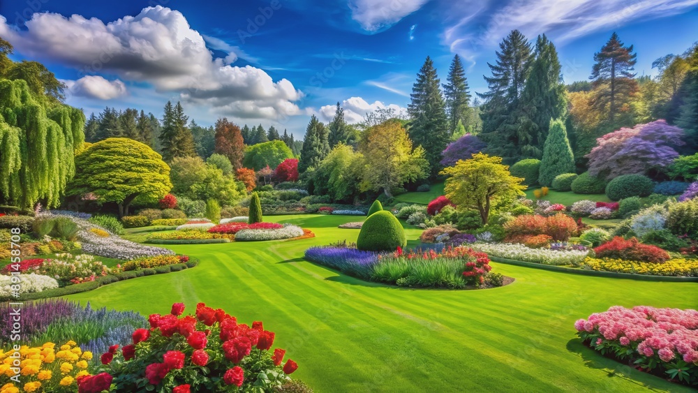 Obraz premium Vibrant green lawn surrounded by blooming flowers, lush shrubs, and ornate garden decorations under a sunny blue sky.