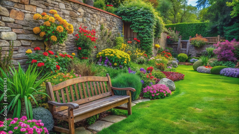 Vibrant summer garden with lush greenery, colorful blooms, and rustic wooden accents, surrounded by tranquil natural stone walls. Vibrant summer garden with lush greenery, colorful blooms, and rustic wooden accents, surrounded by tranquil natural stone walls.