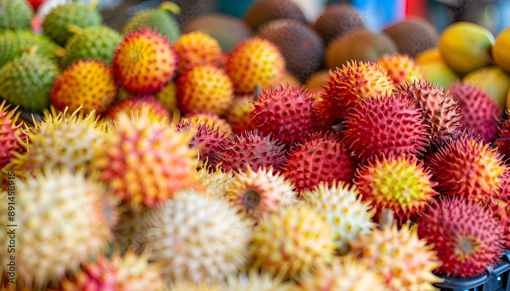 Asian exotic fruits. Market stall with variety of organic fruits. Colorful fruits in the marketplace. Bright summer background. Healthy, organic food. Natural nutrition for diet. Fresh rambutan fruit Asian exotic fruits. Market stall with variety of organic fruits. Colorful fruits in the marketplace. Bright summer background. Healthy, organic food. Natural nutrition for diet. Fresh rambutan fruit