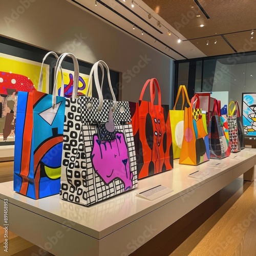 Bold, graphic shopping bags with pop art designs, set in a modern art gallery