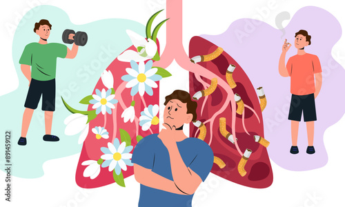 A posture about the harmfulness of smoking. A young man is thinking about the choice between a healthy lifestyle and smoking. Vector illustration